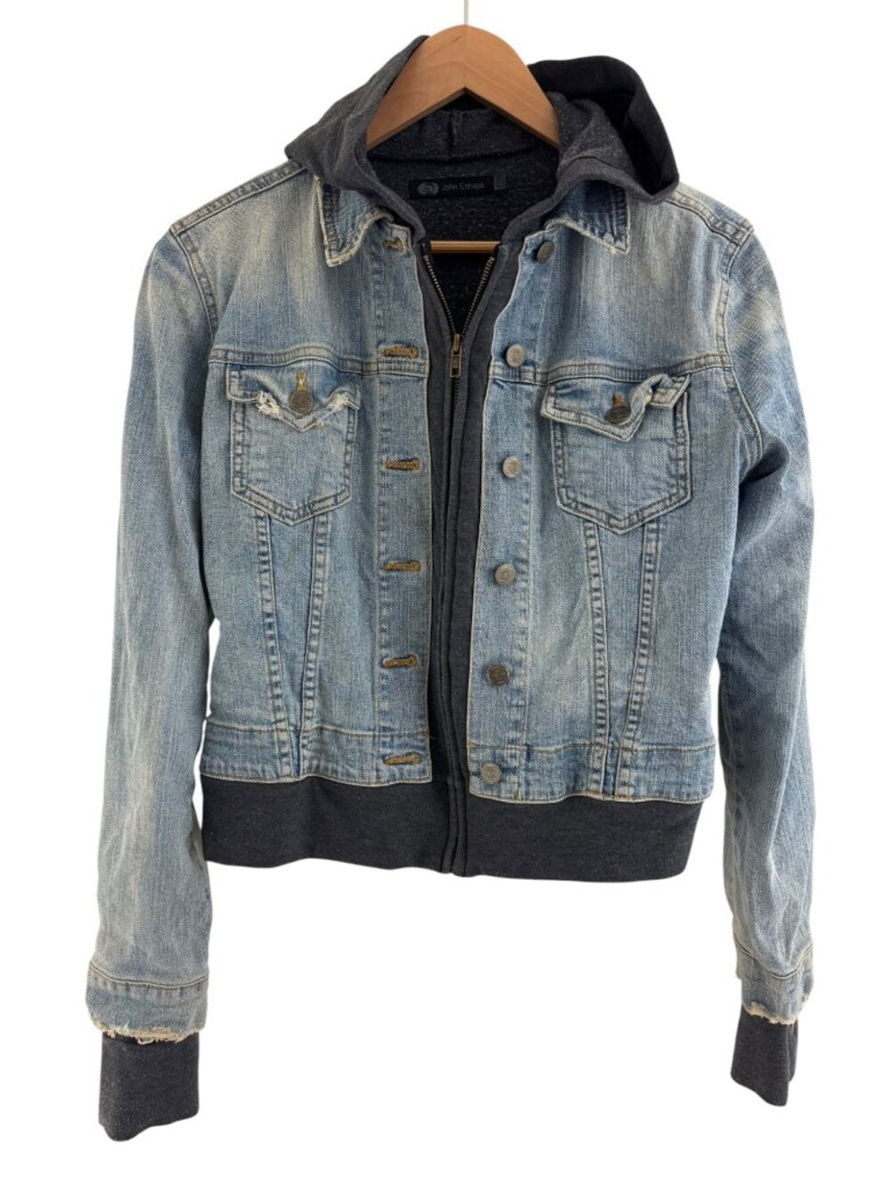 JET John Eshaya Attached Hood Sweatshirt Jean Denim Jacket Full Zip Size S Crop